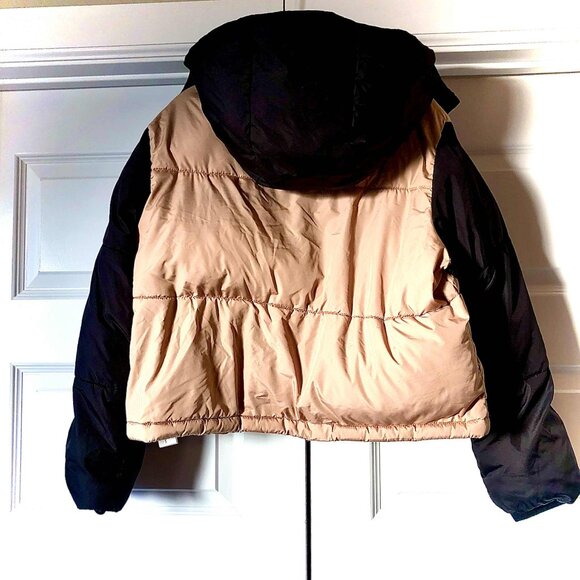 ZARA Color Block Hooded Puffer Jacket Tan\Black S NWOT - Picture 6 of 7